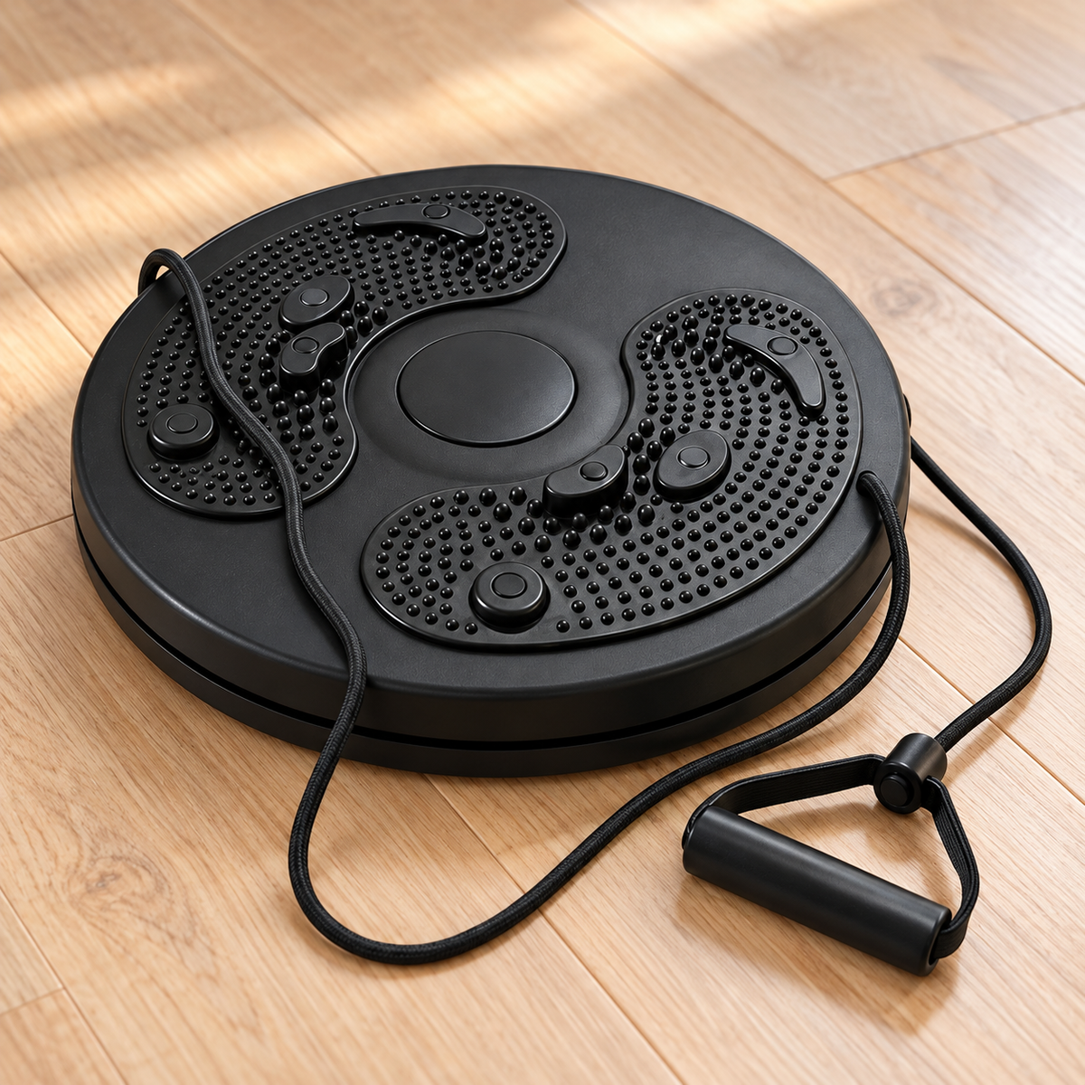 Zwarte Aveom Twister disc met twee voetzones met noppen, op een houten vloer